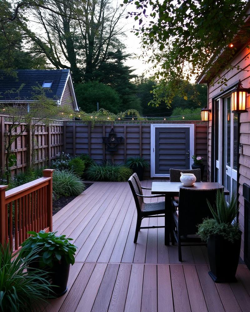 Timber decking and seating area at dusk