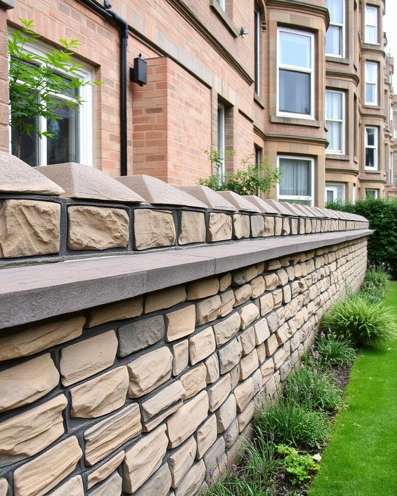 Restored sandstone garden wall in Glasgow West End